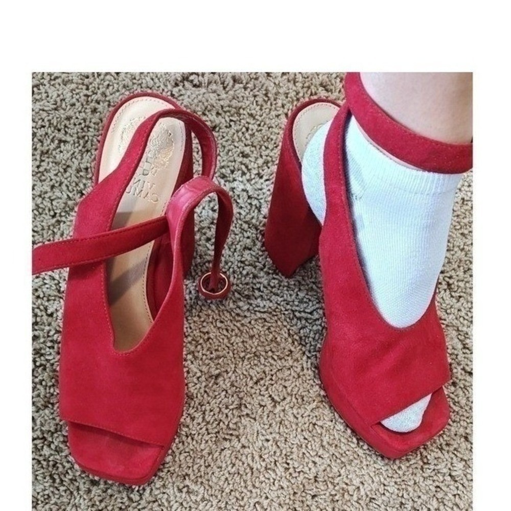 Vince Camuto Red Suede Platform Block Heel Sandals Ankle Strap Women Size 9M